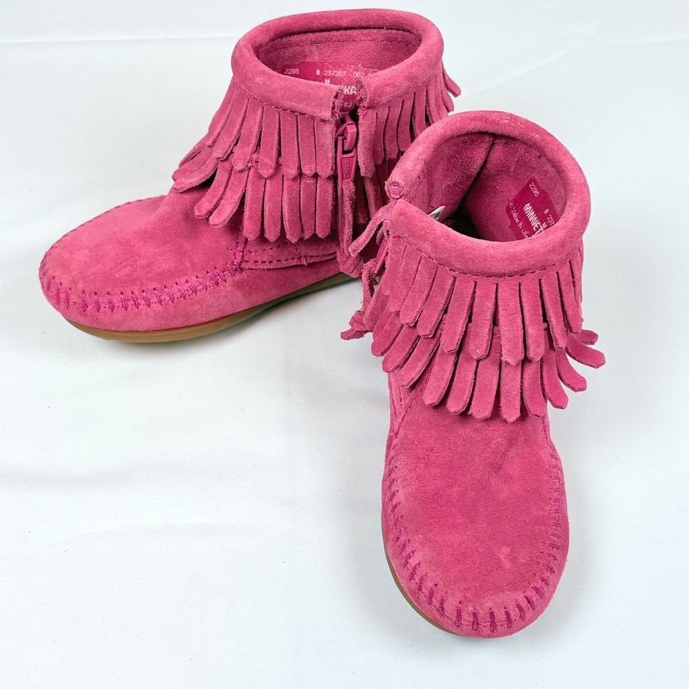 Minnetonka Toddler Hot Pink Suede Fringe Back Zip Moccasin Booties Sz 8 Cowgirl